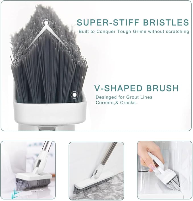 Affogato Floor Scrub Brush Bathroom Long Handle Bathtub Push Broom Shower Tile Grout Scrubber Rotatable Indoor Kitchen Crevice Cleaning Brush for Hard to Reach Areas - White 46.8inches Lengthen