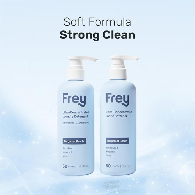 FREY Laundry Care Bundle: Concentrated Natural Laundry Detergent + Fabric Softener, Sandalwood, Bergamot, and Clove Scent, HE-Compatible