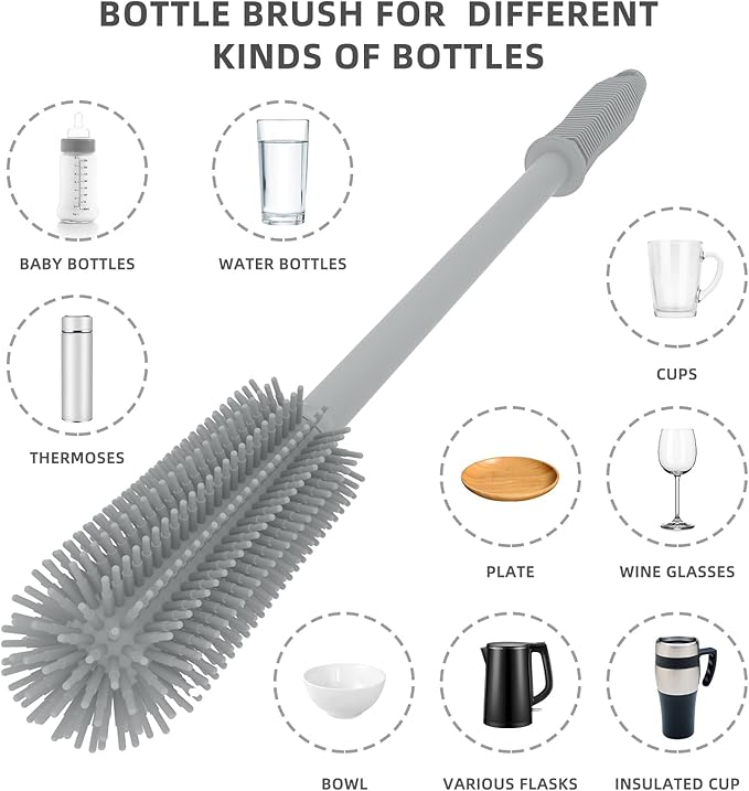 Silicone Bottle Cleaning Brush | 2 Pack| 15.7”+12.6” Water Bottle Brush Cleaner Brush for Hydro Flask,Glassware,Vacuum Sports Bottle&Vases,Water Bottle Cleaner Brush for Narrow Neck Containers (Grey)