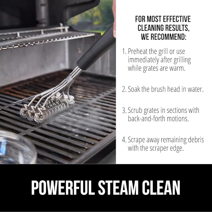 GORILLA GRIP Heavy Duty No Bristle Triple Helix Grill Brush with Scraper for Outdoor Grills, Safe Steam Cleaning, Oversized Comfortable Handle Grip with Bottle Opener, BBQ Tools, 17.5 Inch, Black