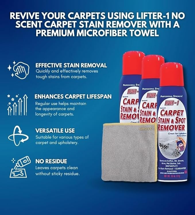 GROVE Lifter-1 Carpet Stain & Spot Remover Spray 18 oz Bundle with Microfiber Cloth - Effortless Carpet Stain Remover - Quick and Easy Carpet Cleaner Spray for Tough Stains - (4 Items)