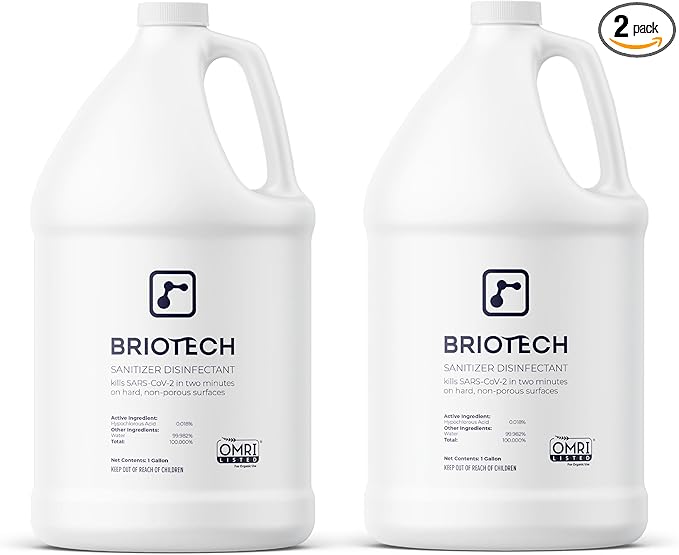 BRIOTECH Sanitizer Disinfectant Hypochlorous Spray, Kills 99.99% of Viruses & Bacteria, Eliminate Odor, Gentle for Nurseries & Play Rooms, Food Contact Surface Sanitizer, 1 Gallon Refill ea, 2 ct
