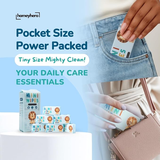 Mini Wet Wipes - Alcohol & Fragrance Free, Safe for Babies & Kids - 8 Bags Total 64 Wipes (Sky Lion)
