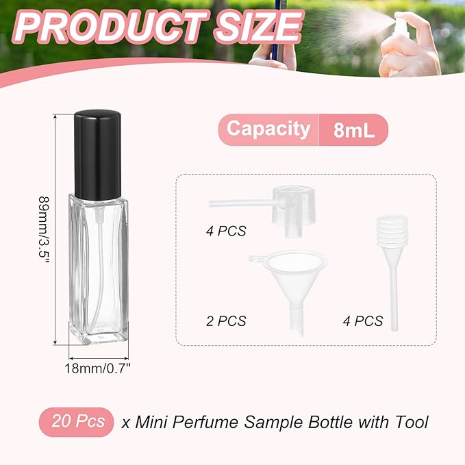 uxcell 8ml Glass Mini Perfume Bottles, 20Pcs Fine Mist Bottles Refillable Empty Mini Spray Bottles with Aluminized Nozzle for Perfume, Travel Liquid, Essential Oil (Clear/Black)