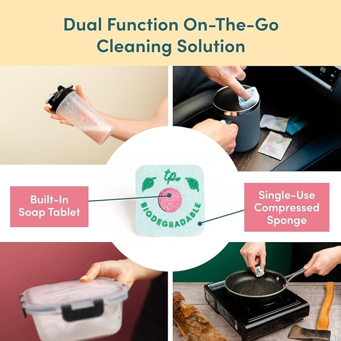 Sponge n' Go: Mini Travel Dish Soap & Sponges | Biodegradable, Soap-Infused, Single-Use Cellulose Compressed Sponges | Your On-The-Go Cleaning Companion for Trips, Camps, Work (Pack 30)