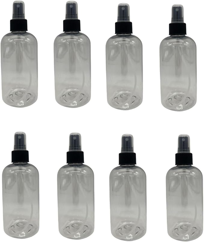 Natural Farms 8 oz Plastic Clear Boston BPA FREE Bottles - 8 Pack Empty Refillable Containers - Essential Oils Cleaning Products - Aromatherapy - Black Fine Mist Sprayers - Made in the USA