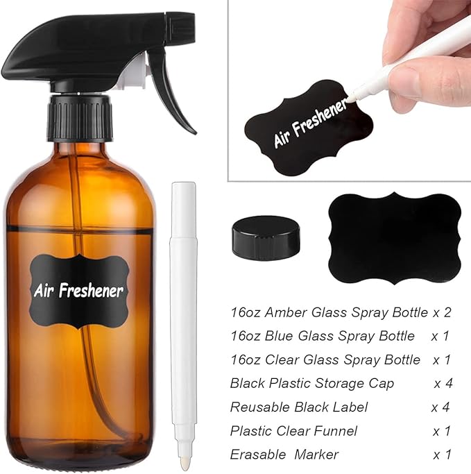 Empty Glass Spray Bottles 16oz for Cleaning, Plants, Pets, Essential Oils, Air Freshener, Durable Black Trigger Sprayer with Stream and Mist Settings (Amber, 16oz(Pack of 4))
