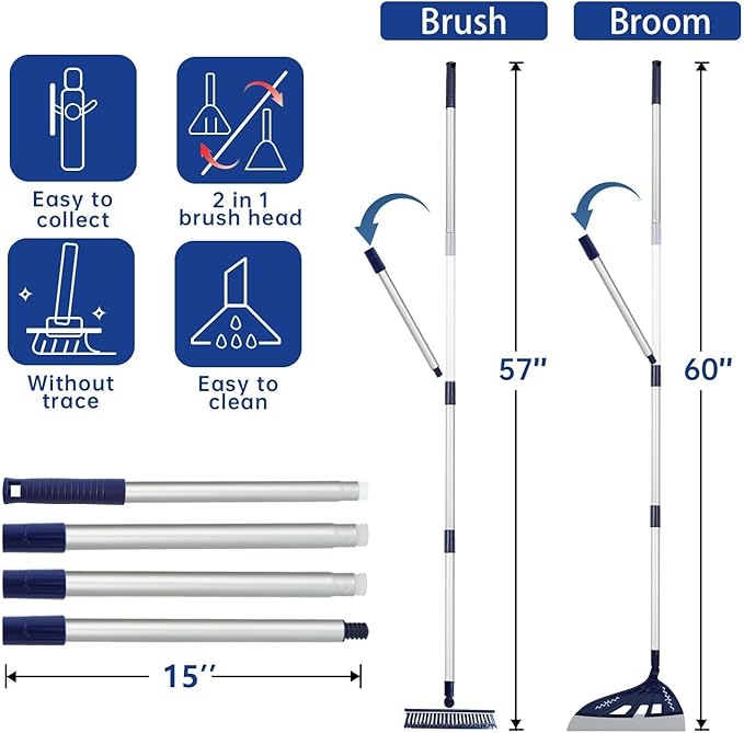Magic Air Broom with V-Shape Brush, 2 in 1 180° Adjustable Silicone Broom for Floor Cleaning, 60” Long Handle Squeegee Sets to Clean pet Hair, Ketchup, Glass Shards (Blue)