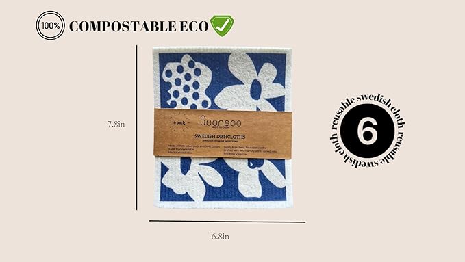 SOONSOO Swedish Dishcloths 6Pack Absorbent Eco-Friendly Reusable Cleaning Cloths for Kitchen - Multi-Purpose Machine Washable, Compostable, Quick Drying Zero Waste Cellulose Kitchen Cloths (Blue)
