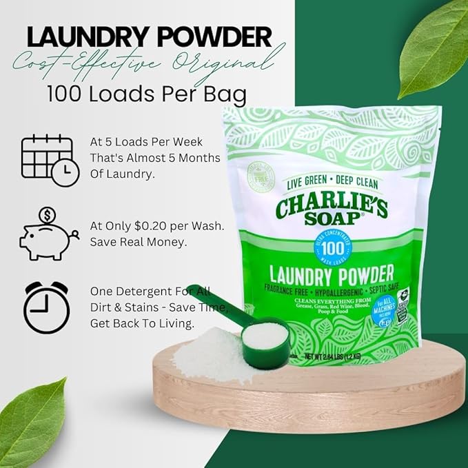 Charlie's Soap Laundry Powder (100 Loads, 2 Pack) Hypoallergenic Deep Cleaning Washing Detergent – Eco-Friendly, Safe, and Effective