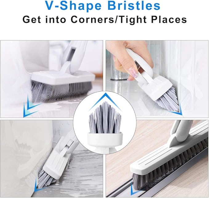 Affogato Floor Scrub Brush Bathroom Long Handle Bathtub Push Broom Shower Tile Grout Scrubber Rotatable Indoor Kitchen Scrubbing Cleaning Brush for Hard to Reach Areas - White