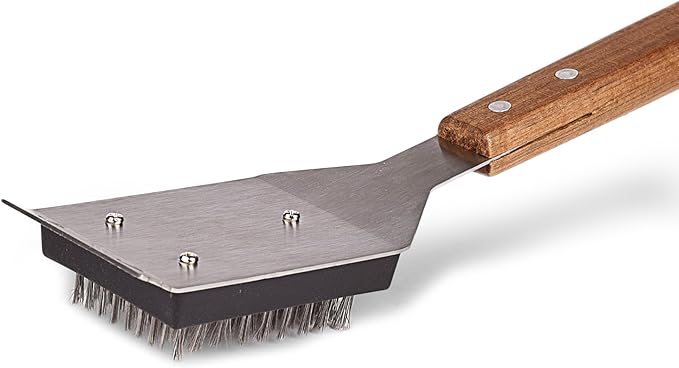 Grill Brush and Scraper for Barbecue with Replaceable Stainless Steel Bristles Head – Grill Brush for Outdoor Grill with Extended 15” Large Wooden Handle -No Scratch on Grill
