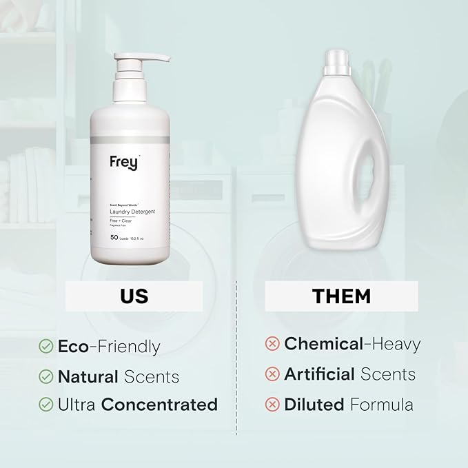 FREY Concentrated Liquid Laundry Detergent – 50 Loads |Ultra Concentrated, Natural, Eco-Friendly Formula | Unscented | Gentle on Clothes | 2-Pack