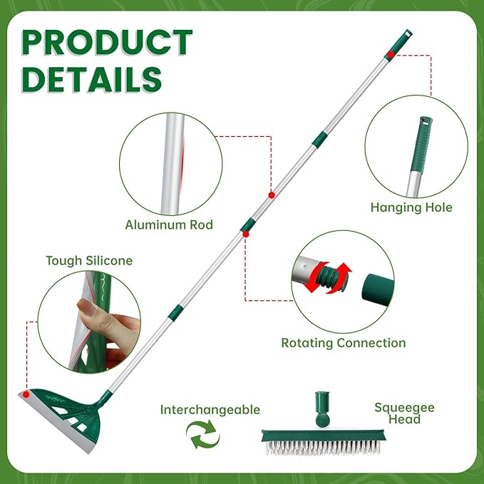 Magic Air Broom Household Silicone Broom for Floor Cleaning, Multifunctional Floor Squeegee with 60’’ Aluminum Adjustable Handle, Pet Hair for Glass, Fine Dust, Hair, Liquids (Green)