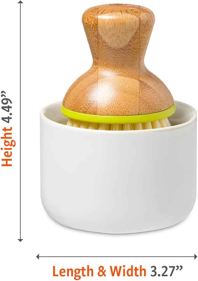 Full Circle Bubble Up -Bamboo Dish Brush & Ceramic Soap Dispenser -Scrub Set for Dishes, Nonstick and Cast Iron -Kitchen Cleaning Tool with Natural Bamboo Handle,White