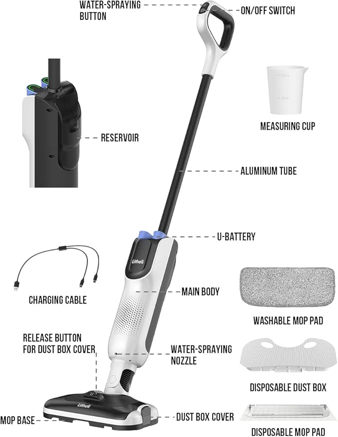 LiTHELi Cordless Vacuum Mop Cleaner, 2-in-1 Hard Floor Stick Vacuum, Wet Dry Mop, 2 Disposable Dust Boxes, 14 Disposable Pads & 1 Washable Pad, 2 Swappable 4000mAh Batteries