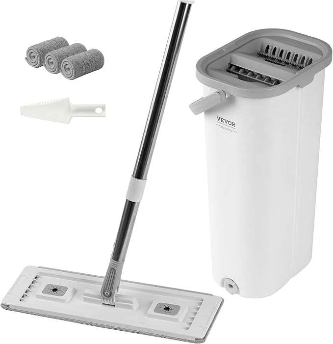 VEVOR Mop and Bucket with Wringer Set, Wet & Dry Use, Flat Mop and Bucket System with 3 Washable Microfiber Pads, Flat Mop with Stainless Steel Handle, Mop Bucket Set for Hardwood Tile Vinyl