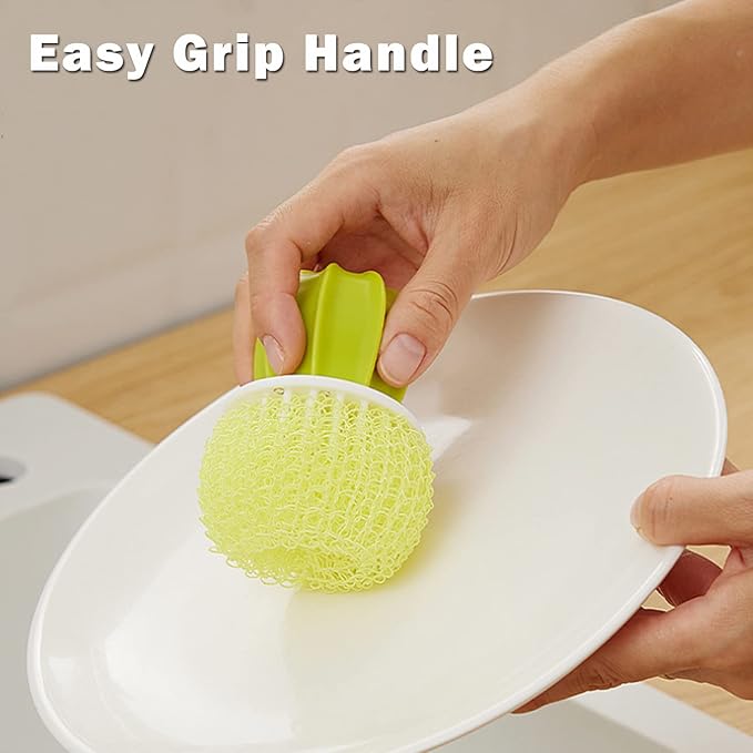 Cactus Mini Dish Brush Set with Drip Tray (3 Replacement Brushes), Durable Kitchen Cleaning Scrubbers for Plates, Pans, Pots, Sink (Green)