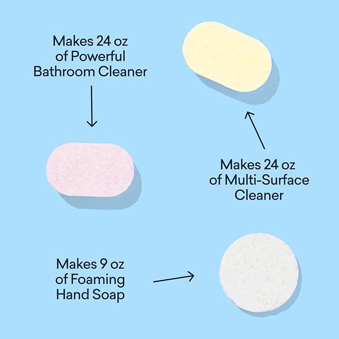 BLUELAND Clean Home Kit, 3 Reusable Bottles with 3 Tablets, Makes 1 Bottle Each of Foaming Hand Soap, Multi-surface Cleaner, Bathroom Cleaner