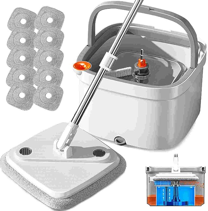 Spin Mop and Bucket Set with Self Separation System 360° Spinning Self-Wringing, Square Clean Mop and Bucket with Wringer-with Replaceable Mop (Light Grey Mop and Bucket Set 10pads)