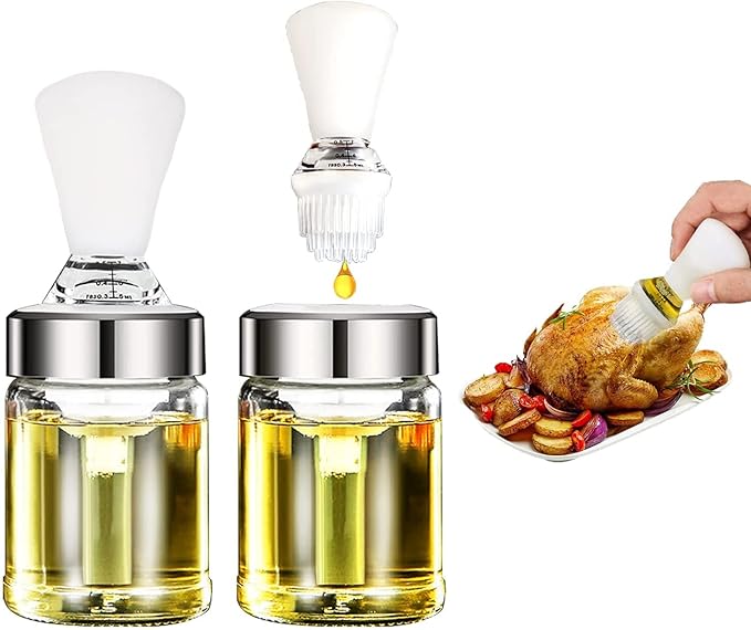 VolksRose Glass Oil Bottle with Silicone Brush 160 ml, Squeeze Type Oil Bottle BBQ Brush with Scale Lines, Oil Dispenser Bottle for Kitchen Cooking, BBQ, Baking, Marinating, Roasting, Grilling