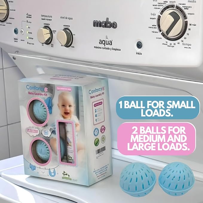 Conforzy Baby Laundry Balls Kit for Sensitive Skin. Washing Machine Balls and Stain Remover (Up-to 240 Washes). Eco-Friendly with no Harsh Chemicals. 1 Year Worth of Laundry