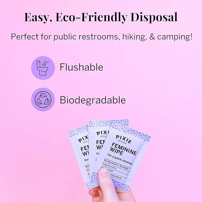 Pixie Feminine Wipes - Flushable, Biodegradable, & Ph Balanced - Best Individually Wrapped Packet Wipes for On The Go & Public Bathrooms - Wash, & Cleaner For Your Menstrual Cups & Discs (20 Count)