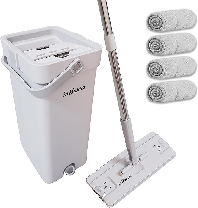 Mop and Bucket with Wringer Set, Durable Flat Squeeze Mop Bucket Set for Floor Cleaning, Wet Dry Mop with 56 inch Long Handle, All Type Floor Mop and Window with 4 Premium Microfiber Pads