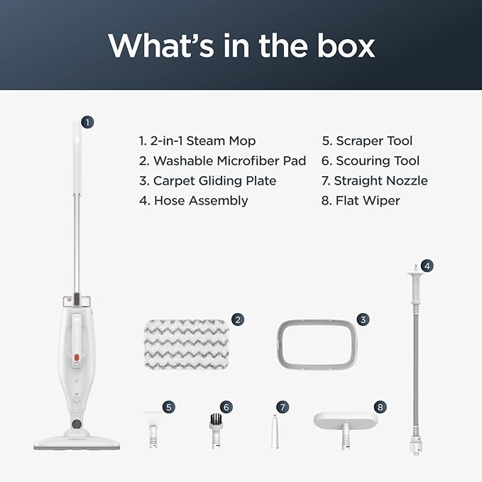 Eureka Multifunctional Steam Mop for Hard Floors and Rugs, Lightweight, Convenient Detachable Handheld Unit, Laminate/Hardwood/Tiles/Carpet/Kitchen, NEM100, White