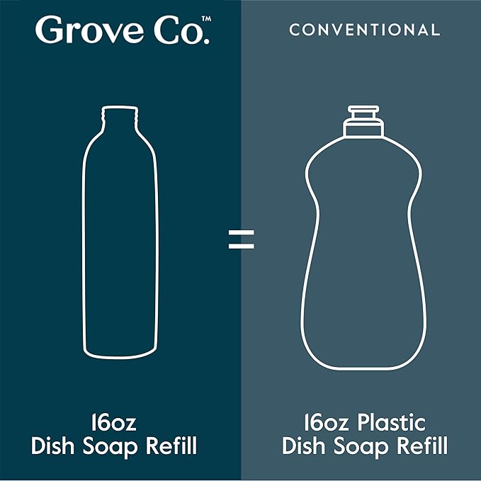 Grove Co. Ultimate Dish Soap Refills (3 x 16 Fl Oz) + Refillable Glass Dish Soap Dispenser for Kitchen Sink with Non-Slip Silicone Sleeve, Plastic Free Cleaning Products, Lemon & Eucalyptus
