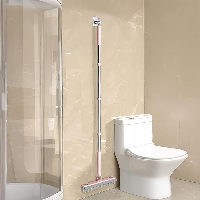 Floor Scrub Brush with Long Handle 58'’ Telescopic Handle 2 in 1 Scrape Brush, V-Shaped Corner Stiff Bristle Floor Scrubber with Squeegee for Cleaning Shower Bathroom Garage Kitchen Wall Tub Deck Tile