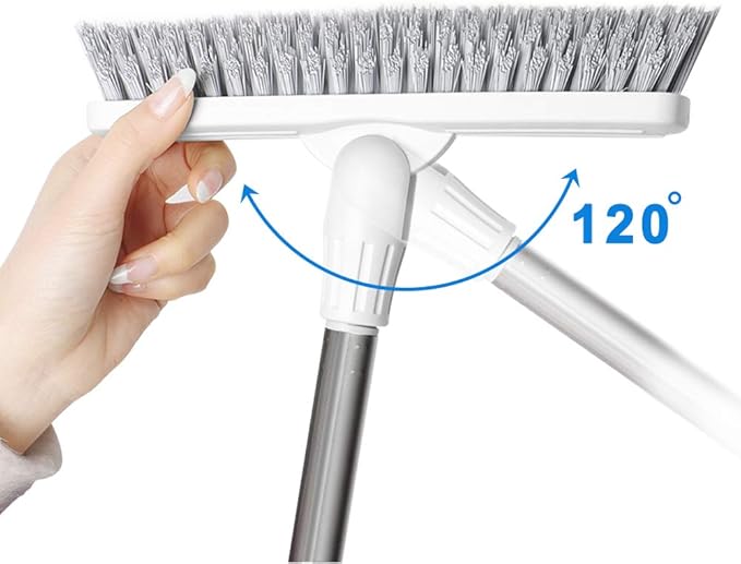 Affogato Floor Scrub Brush Bathroom Long Handle Bathtub Push Broom Shower Tile Grout Scrubber Rotatable Indoor Kitchen Scrubbing Cleaning Brush for Hard to Reach Areas - White
