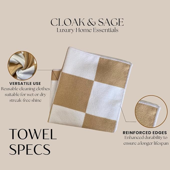 Cloak & SAGE 13" x 13" Luxury Microfiber Cleaning Cloths | Latte – 8 Pack | Premium Checkered All-Purpose Microfiber Towels for Cleaning Glass, Kitchens, Bathrooms, Automotive, & Supplies (8, Latte)