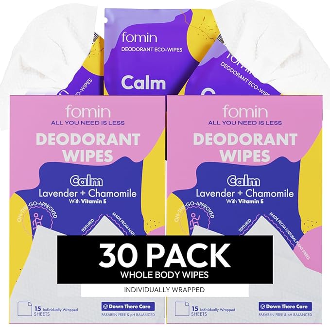 FOMIN Travel Deodorant Wipes - 30 Count - Lavender and Chamomile pH Balanced, Hypoallergenic Mini Deodorant Wipes For Women and Men - Plastic-Free, Individually Wrapped Underarm & Body Wipes
