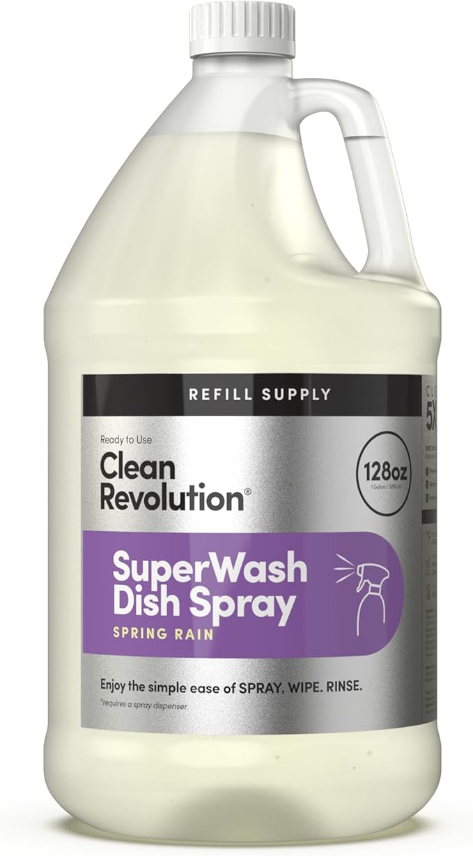 Clean Revolution Dish Spray, Refill Supply, Powerful Formula Cuts Through Grease, Spring Rain, 128 Fl Oz