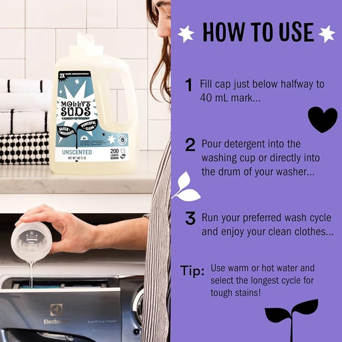 Molly's Suds Liquid Laundry Detergent | Clean Laundry Detergent Soap for Sensitive Skin | 2x Concentrated, High Efficiency (HE) | Lavender - 100 Loads