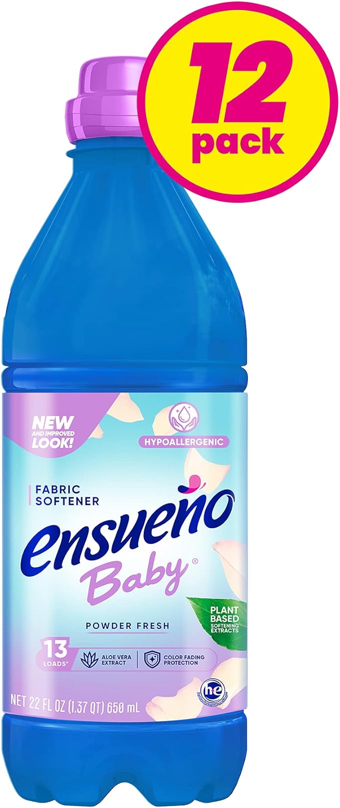 Ensueño Baby Hypoallergenic Liquid Fabric Softener - Baby Powder Scent - (12 Pack) 22 fl oz - Plant-Based Fabric Softener - Softens 156 Loads - Color-Fading Protection