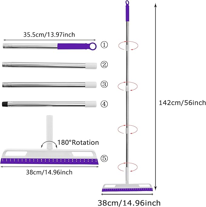Magic Broom Multifunction Silicone Floor Squeegee, Air Broom for Floor with 56" Long Handle, 4-in-1 Rubber Sweeper for Dirt, Liquids, Pet Hair, Tile Hardwood Floors, Carpet, Living Room (Purple)
