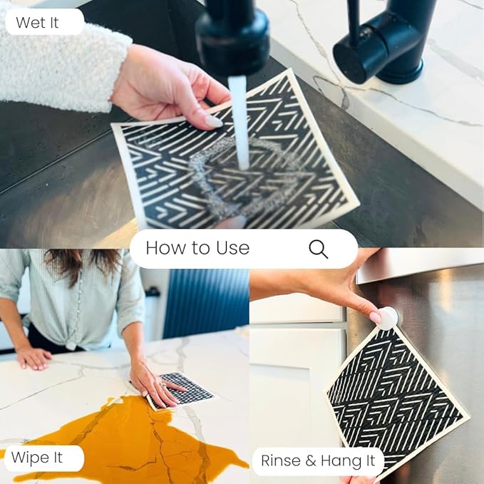 Harps&Seb Swedish Dishcloths for Kitchen - 6 Pack, Reusable Paper Towels with Clips, Super Absorbent Washable Non-Scratch Swedish Dish Towels, No Odor, Biodegradable