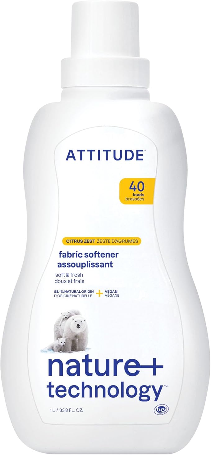 ATTITUDE Laundry Fabric Softener Liquid, Vegan and Naturally Derived Detergent, Plant Based, HE Washing Machine Compatible, Citrus Zest, 40 Loads, 33.8 Fl Oz