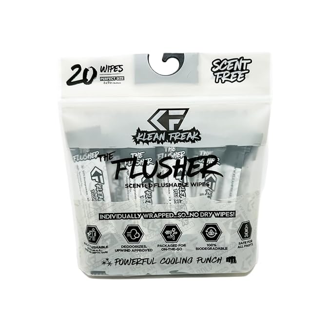 THE KLEAN FREAK FLUSHER - Flushable Wipes For Adults & Kids Unscented/Scented - 100% BIODEGRADABLE Individual Wrapped Travel WET Wipe for Toilet - Soothing Aloe & Witch Hazel - Alcohol Free 20 Pack