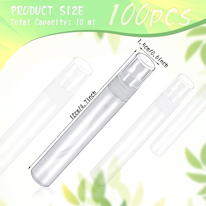 100 Pcs Mini Spray Bottle, 10ml Perfume Spray Bottles Plastic Refillable Mini Spray Bottles for Women, Travel Spray Bottle Fine Mist Atomizer for Perfume, Mini Perfume Refillable Bottle