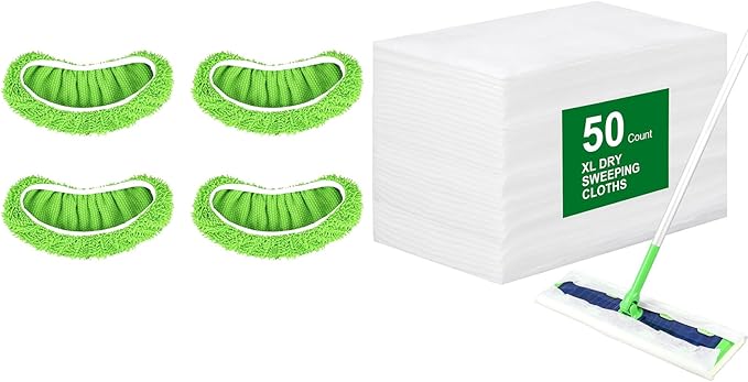 50 Count Disposable XL Dry Sweeping Cloths + 4 Pack Reusable Microfiber Mop Pads for Swiffer Sweeper XL Mop (Mop is not Included)