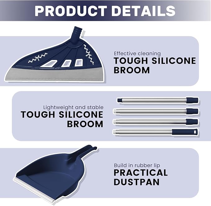 Magic Air Broom with Dustpan, Multifunction Magic Broom and Fixed Scraper, Household Floor Squeegee with Extra-Long Adjustable Aluminum Handle for Floor, Glass, and Tile (Blue)