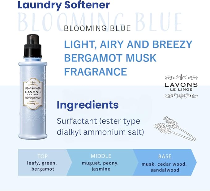 Natural Fabric Conditioner for Sensitive Skin, Plant-Based Laundry Softener for Baby & Pet, Reduces Fabric Wrinkles, Long-Lasting Scent & Odor Control from Japan, BLUE BLOOMING, 20.3 Fl Oz