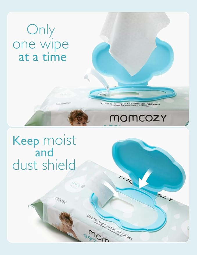 Momcozy Water Baby Wipes-Extra Large Size Design, 99% Water Based Wipes, Unscented & Hypoallergenic, Cleansing & Moisturizing Baby Wipes for Sensitive Skin, 12 Flip-Top Packs (720 Wipes Total)