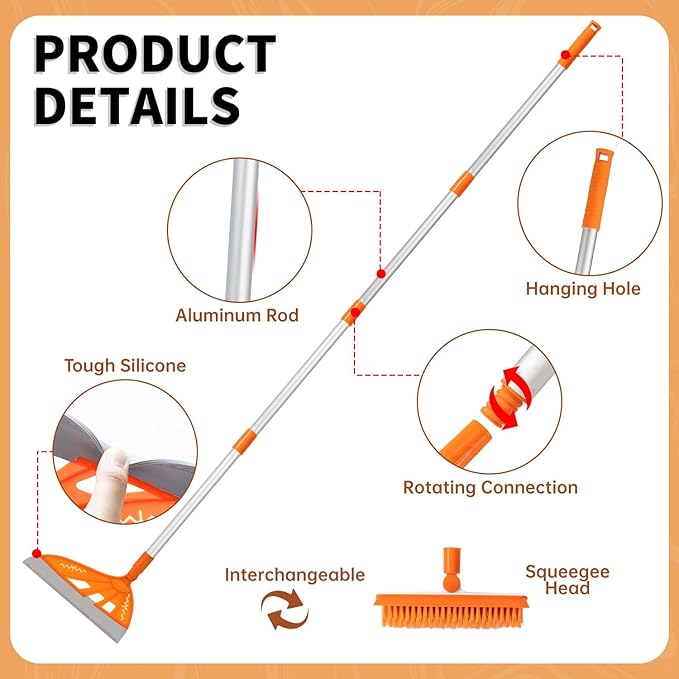 Magic Air Broom Household Silicone Broom for Floor Cleaning, Multifunctional Floor Squeegee with 60’’ Aluminum Adjustable Handle, Pet Hair for Glass, Fine Dust, Hair, Liquids (Orange)