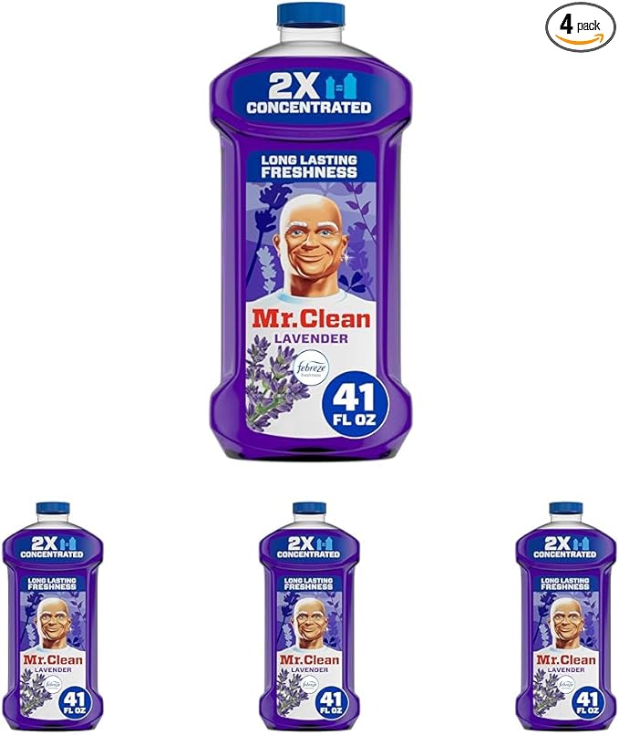 Mr. Clean All Purpose Cleaner, Floor Cleaner for Mopping Home, Bathroom, & Kitchen, Cleaning Liquid for Mop & Bucket, Cleaning Supplies, Multi-Surface Dilutable, Lavender, 41oz (Pack of 4)