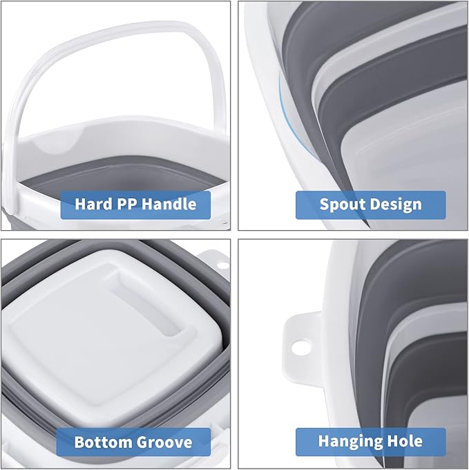 2 Pack Collapsible Buckets 10L 2.6 Gallon Cleaning Bucket Mop Bucket Folding Foldable Portable Small Plastic Water Supplies for Outdoor Garden Camping Fishing Car Wash Space Saving Square Grey Blue