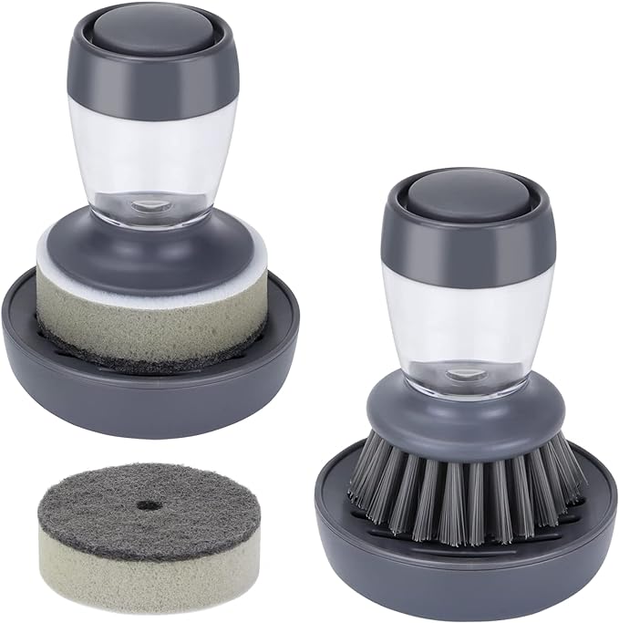 Dish Brush with Soap Dispenser, Kitchen Scrub Brush for Dishes Pots Pans Sink Cleaning, Dish Scrubber with Holder Set (Grey 2-Pack Combo Set)
